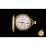 Thomas Russell & Son Gold Plated Full Hunter Pocket Watch with porcelain dial and secondary dial.