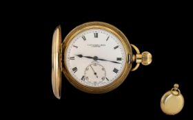 Thomas Russell & Son Gold Plated Full Hunter Pocket Watch with porcelain dial and secondary dial.