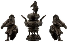 Large Japanese Meiji Period Cast Bronze Lidded Incense Burner,