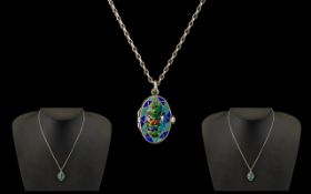 Silver and Enamel Pendant and Necklace. Enamel / Cloisonne Pendant Locket, Suspended on a Silver