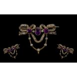 Early Victorian Period Exquisite and Superb Quality Diamond and Amethyst Sweetheart Set Brooch/