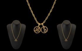 9ct Gold Triple Link Rope Design Chain with Attached 9ct Gold Pendants (2) one with letters R and S.