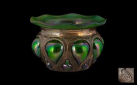 Arts and Crafts Glass and Copper Bowl Iridescent Green Glass With Copper Overlay.