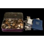 Tin Box of Mixed Coins British with Postal Orders, unused,