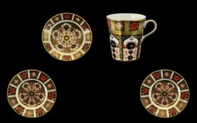 Royal Crown Derby Old Imari Gold Banded Beaker with Saucer and Two Side Plates ( 4 ) Pieces.