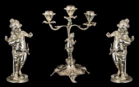 French Art Nouveau Period Figural Silver Three-Branch Candelabra of pleasing proportions.