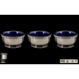 Walker and Hall Trio of Sterling Silver Salts Complete with Blue Liners.