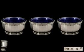 Walker and Hall Trio of Sterling Silver Salts Complete with Blue Liners.