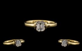 Contemporary Designer Ladies 18ct Gold Single Stone Emerald Cut Diamond Set Dress Ring.