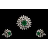 18ct White Gold Stunning Quality Diamond & Emerald Set Cluster Ring of flowerhead design.
