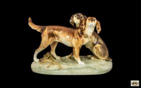 Royal Dux Large and Impressive Porcelain Figure Group of a Pair of Hunting Dogs Looking Skywards.