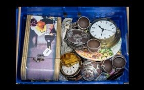 Box Of Misc Pottery And Collectables, To Include Two Brass Wall Clocks, Chinese Stoneware Teaset,