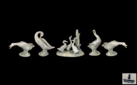 Lladro Collection of Geese Figures (5) all in various poses. Tallest figure 4.75" - 11.90 cm.