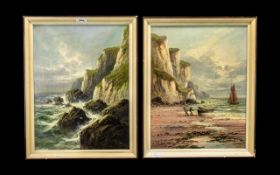 Frank Hider Pair of Signed Oil Paintings on Canvas, depicting a rocky coast and beach scene,