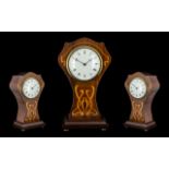 Edwardian Art Nouveau Inlaid Shaped Mahogany Mantle Clock with white enamel dial and Roman numerals;