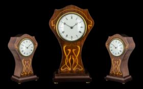 Edwardian Art Nouveau Inlaid Shaped Mahogany Mantle Clock with white enamel dial and Roman numerals;