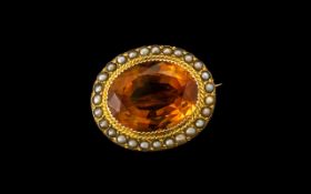 Victorian Gold Brooch set with large Citrine and seed pearls. Test high carat.