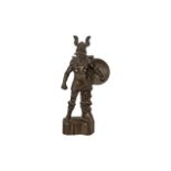 Bronze Figure of Thor in Typical Dress, holding a shield. Unsigned, on rocky base. 10" tall.