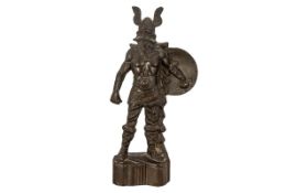 Bronze Figure of Thor in Typical Dress, holding a shield. Unsigned, on rocky base. 10" tall.