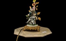 Capodimonte Figural Electric Lamp with Shade fitted on a marble base depicting a Dandie sitting on