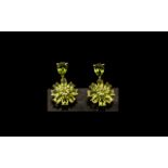 Peridot Pair of Cluster Drop Earrings, each comprising a circle of bright, sparkling,