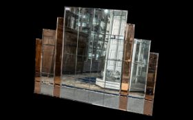 Cubist Style 1940/1950 Over Mantle Mirror with shaped sky scraper top with peach mirrored strips to