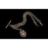 Edwardian Period Good Quality Double Sterling Silver Albert Chain with attached T-Bar and Fob.