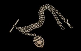 Edwardian Period Good Quality Double Sterling Silver Albert Chain with attached T-Bar and Fob.