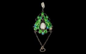 Art Nouveau Silver and Enamel Pendant true Art Nouveau style and shape. marked Sterling.