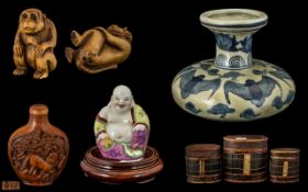 Mixed Oriental Lot comprising small Buddha figure, blue pottery vase decorated with bats,