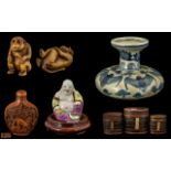 Mixed Oriental Lot comprising small Buddha figure, blue pottery vase decorated with bats,