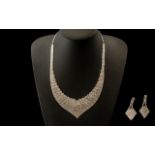 White Crystal Necklace and Earrings Set, the necklace, in a short V,