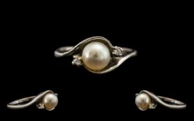 Ladies 9ct Pearl & Diamond Set White Gold Dress Ring. Ring size K.