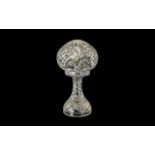 Small Engraved Glass Mushroom Lamp raised on pedestal, top lifts off for access to bulb.