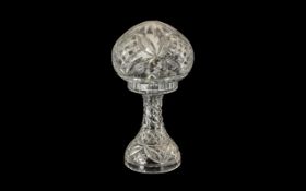 Small Engraved Glass Mushroom Lamp raised on pedestal, top lifts off for access to bulb.