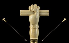 Heavy Quality Carved Ivory Handled and Ebony Gents Walking Stick the handle in the form of a hand