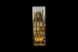 Art Glass Etched Square Shaped Vase, depicting old town houses in flashed amber colour.