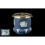 Wedgwood Blue Jasper Ware Biscuit Barrel of typical form iwth EPNS lid and handle.