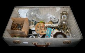 Large Checked Vintage Suitcase with contents: comprising; cuckoo clock;