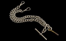 Edwardian Period Excellent Double Silver Albert Watch Chain with T-bar and key attached,