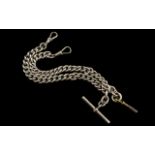 Edwardian Period Excellent Double Silver Albert Watch Chain with T-bar and key attached,