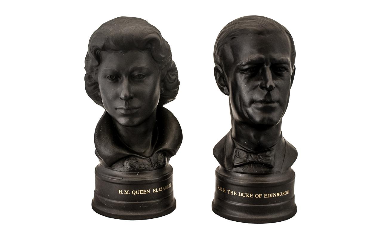 Wedgwood Ltd and Numbered Edition Fine Pair of Black Basalt Busts of H.M.