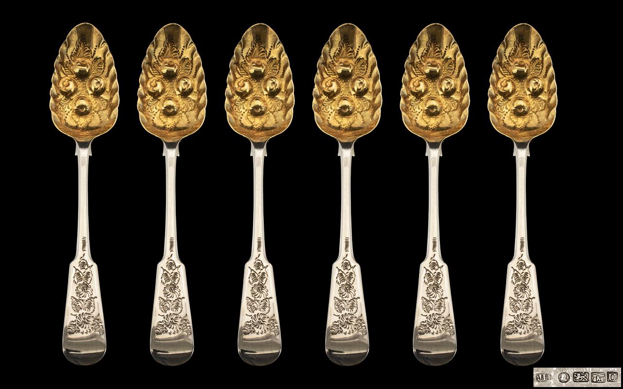 Antique Period Superb Matched Harlequin Set of Six Sterling Silver Fiddleback Berry Spoons with gilt