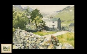 Watercolour by Norma Wheatley 'The Bield'. Mounted and framed behind glass, measures 19" x 17".