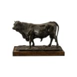 Spelter Figure of a Prize Bull after the antique model by P.J.Mene, on a wooden base.