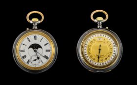 Rare and Superb Quality Gun Metal Double Dial Moon Phase Calendar Pocket Watch, Swiss made,