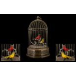 Mid 19thC Wind Up Musical Automaton of Two Singing Birds in a Brass Cage,