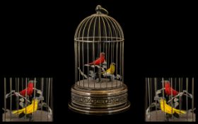 Mid 19thC Wind Up Musical Automaton of Two Singing Birds in a Brass Cage,