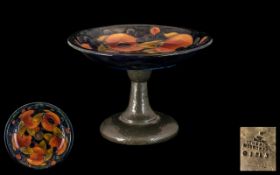 Moorcroft Tudric Pedestal Bowl Made For Liberty & Co. Pomegranates design on blue ground.