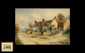Ernest Potter. View of a 19th Century English Farm Cottage by a Main Road with Birds Pecking on